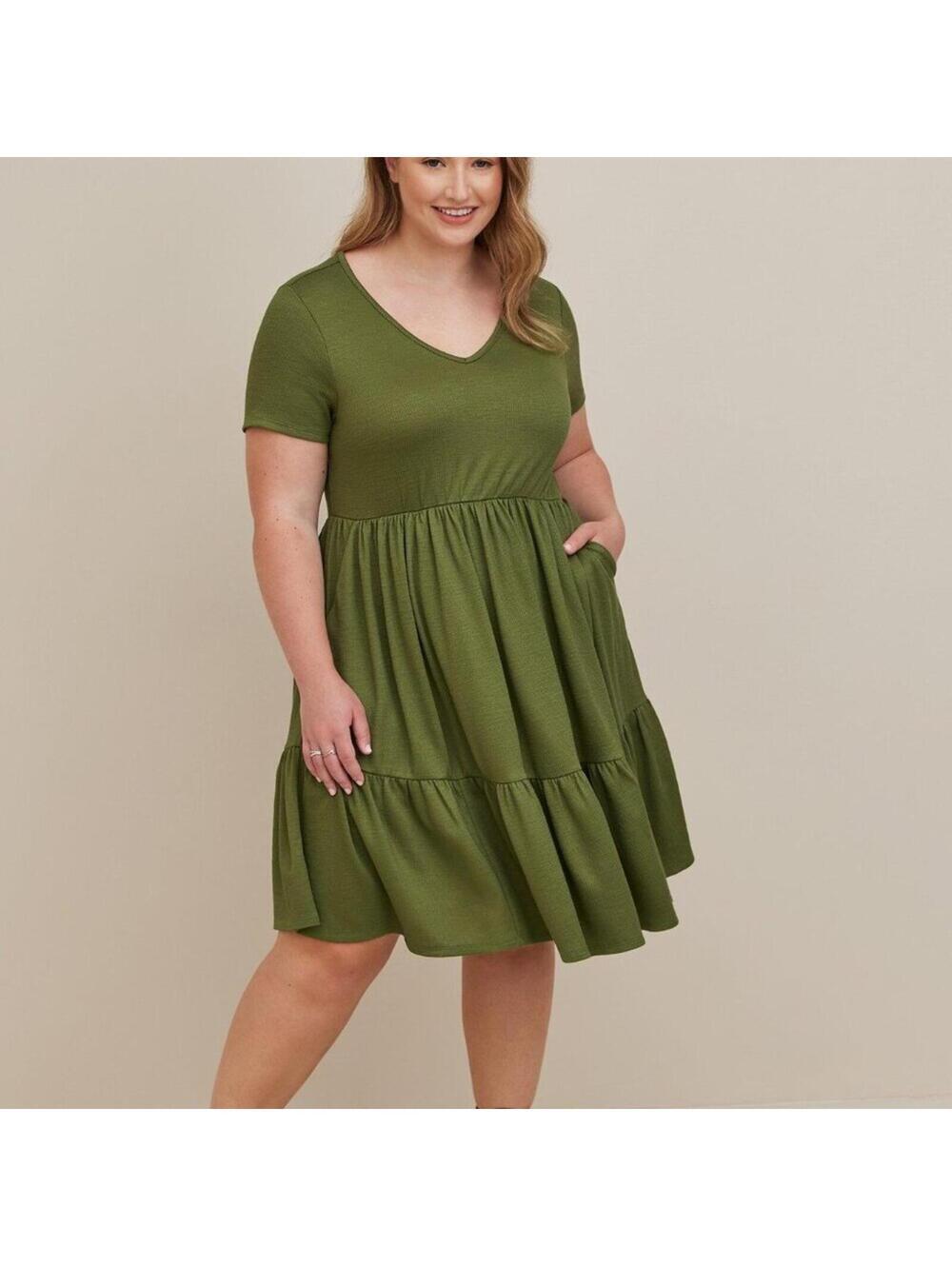 Torrid Olive Green Rib Knit Babydoll Skater Dress 0 Large 12 NWT Pockets V-neck